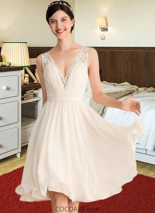 Marlene A-Line V-neck Knee-Length Chiffon Lace Wedding Dress With Ruffle DA8P0013794