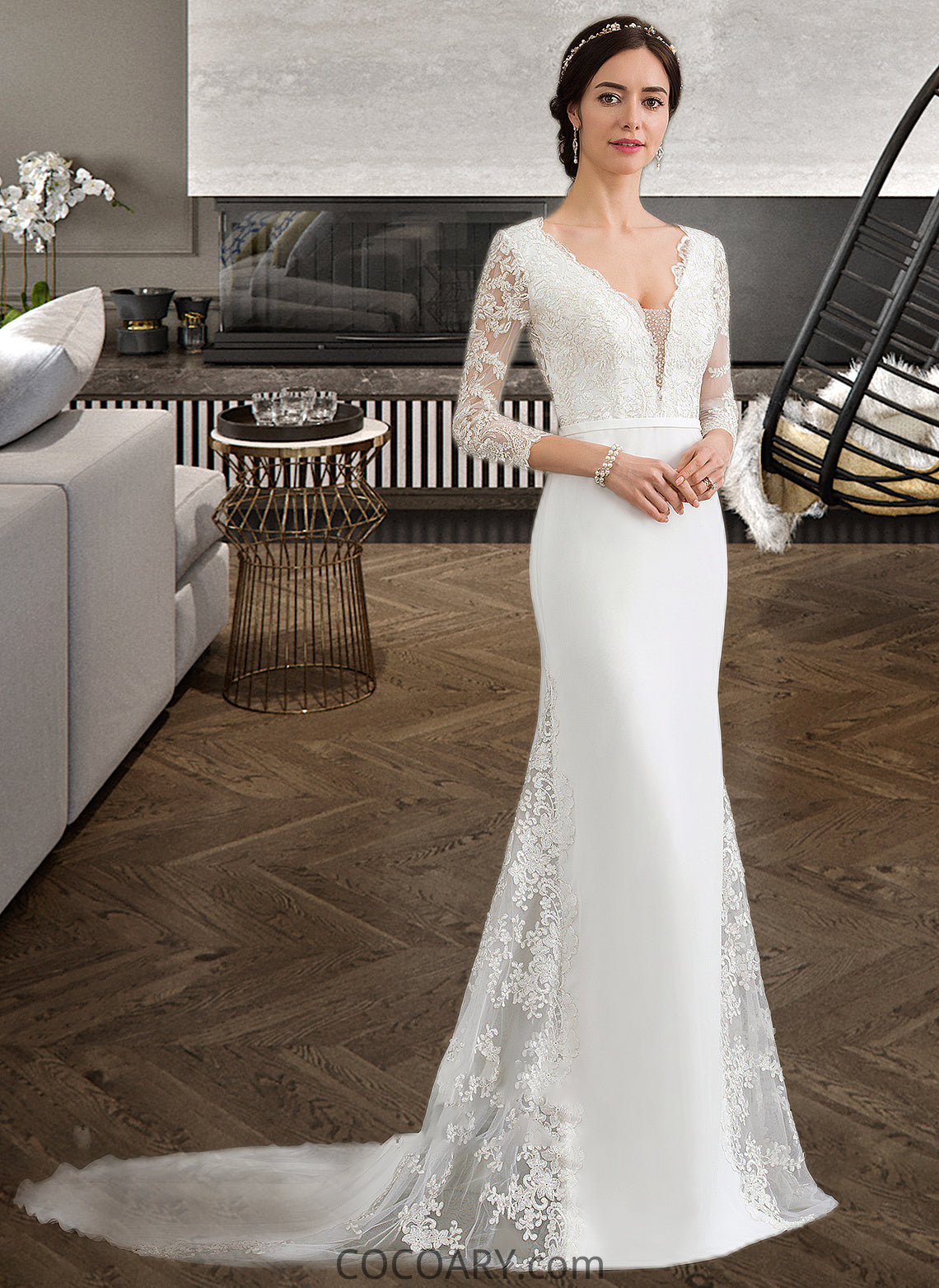 Haley Trumpet/Mermaid V-neck Chapel Train Chiffon Wedding Dress With Beading Sequins DA8P0013795