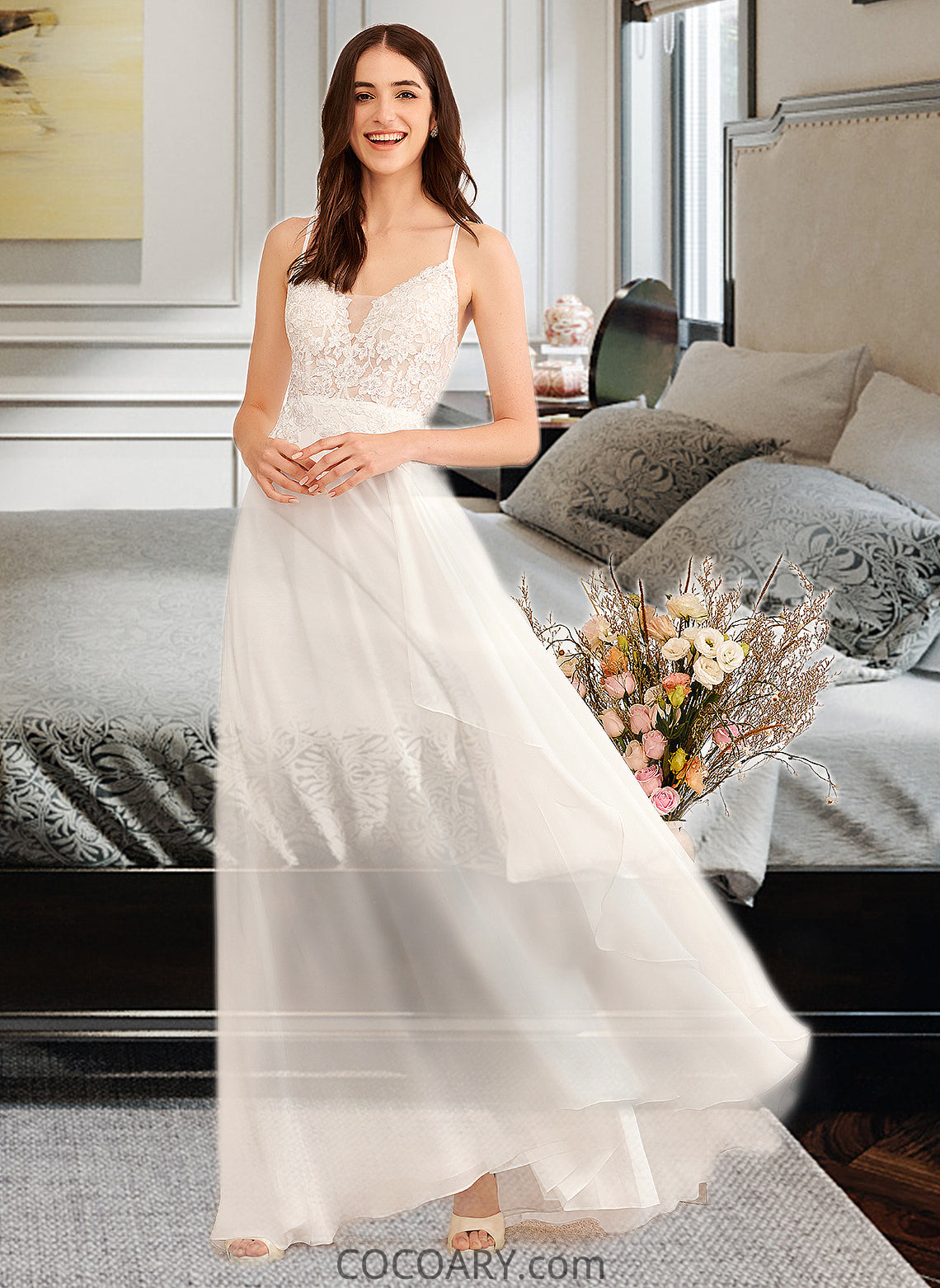 Kiley A-Line V-neck Floor-Length Wedding Dress With Sequins DA8P0013797