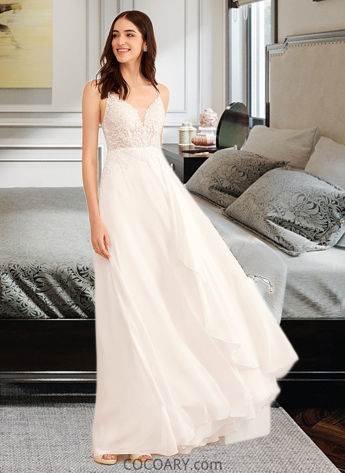 Kiley A-Line V-neck Floor-Length Wedding Dress With Sequins DA8P0013797