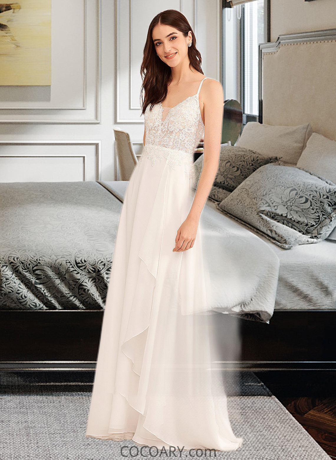 Kiley A-Line V-neck Floor-Length Wedding Dress With Sequins DA8P0013797