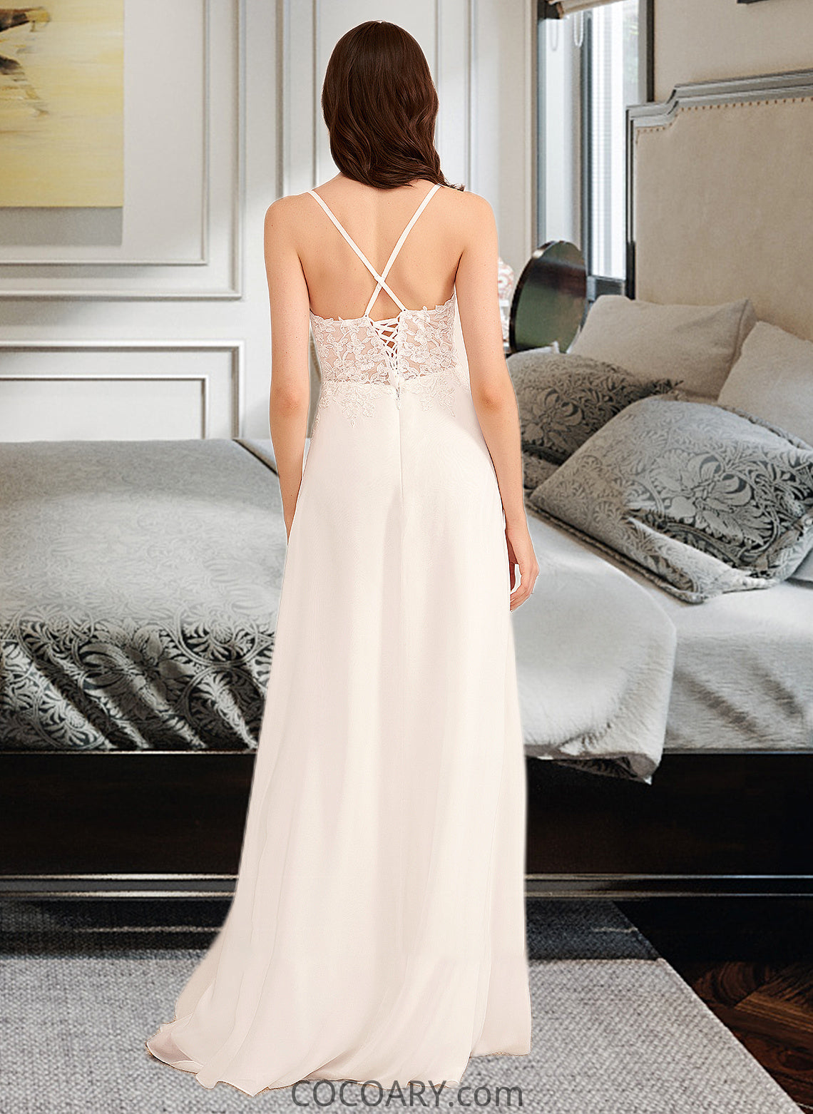 Kiley A-Line V-neck Floor-Length Wedding Dress With Sequins DA8P0013797