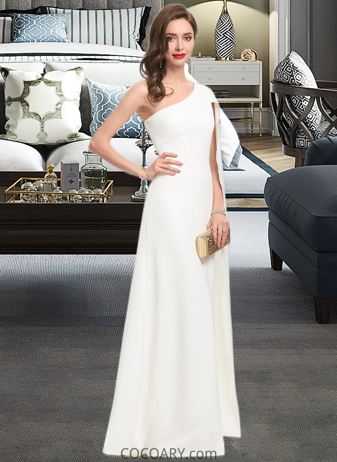 Elsa Sheath/Column One-Shoulder Floor-Length Stretch Crepe Wedding Dress DA8P0013801