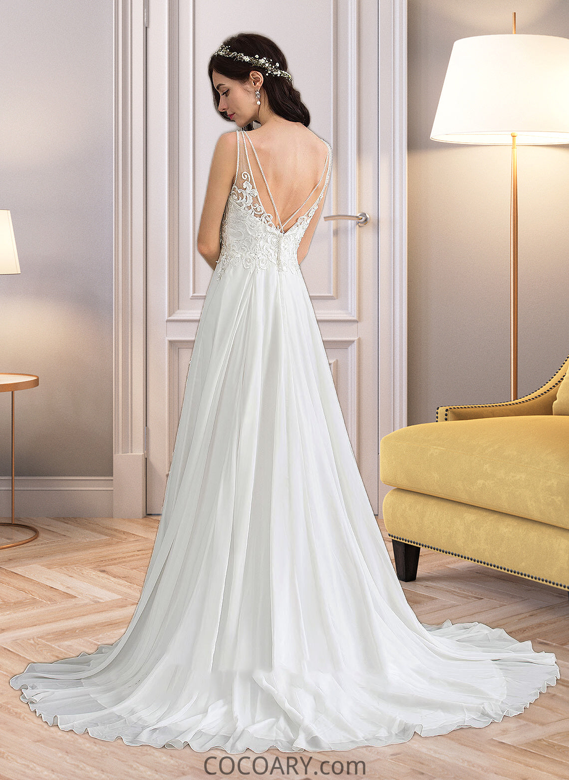 Brooke A-Line V-neck Sweep Train Chiffon Wedding Dress With Beading Sequins Split Front DA8P0013806