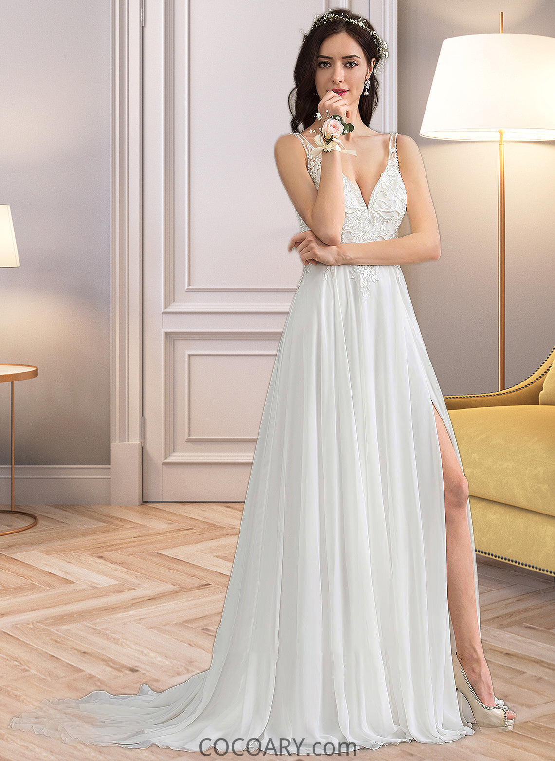 Brooke A-Line V-neck Sweep Train Chiffon Wedding Dress With Beading Sequins Split Front DA8P0013806