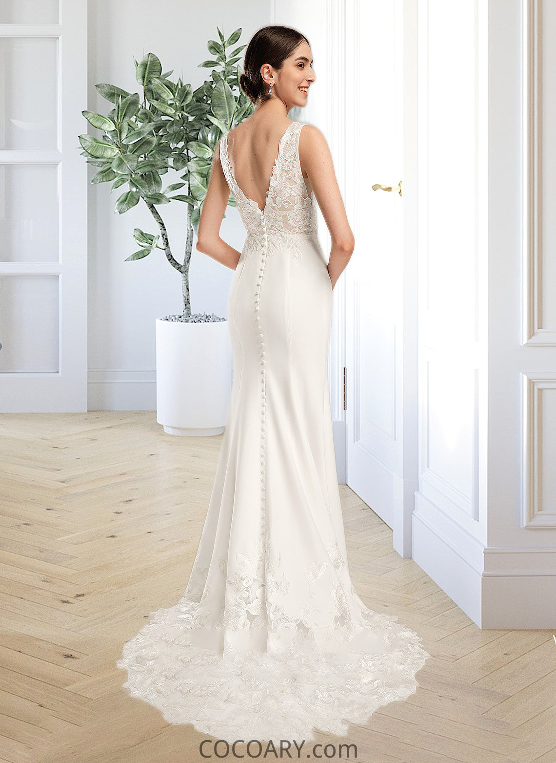 Irene Sheath/Column V-neck Court Train Wedding Dress With Sequins DA8P0013807