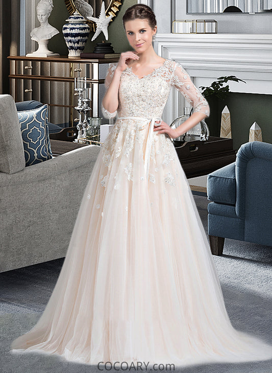 Mackenzie Ball-Gown/Princess V-neck Court Train Tulle Wedding Dress With Beading Appliques Lace Sequins Bow(s) DA8P0013809