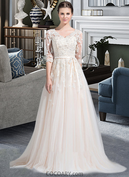 Mackenzie Ball-Gown/Princess V-neck Court Train Tulle Wedding Dress With Beading Appliques Lace Sequins Bow(s) DA8P0013809