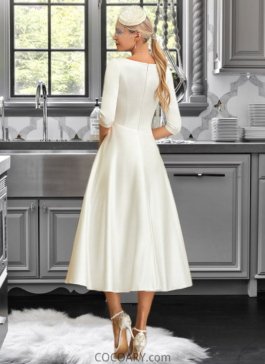 Ellen A-Line V-neck Tea-Length Satin Wedding Dress DA8P0013817