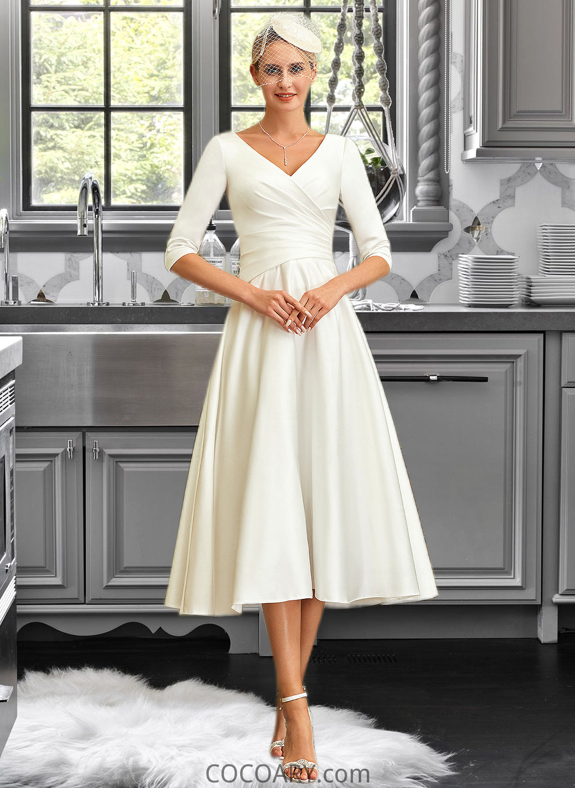 Ellen A-Line V-neck Tea-Length Satin Wedding Dress DA8P0013817