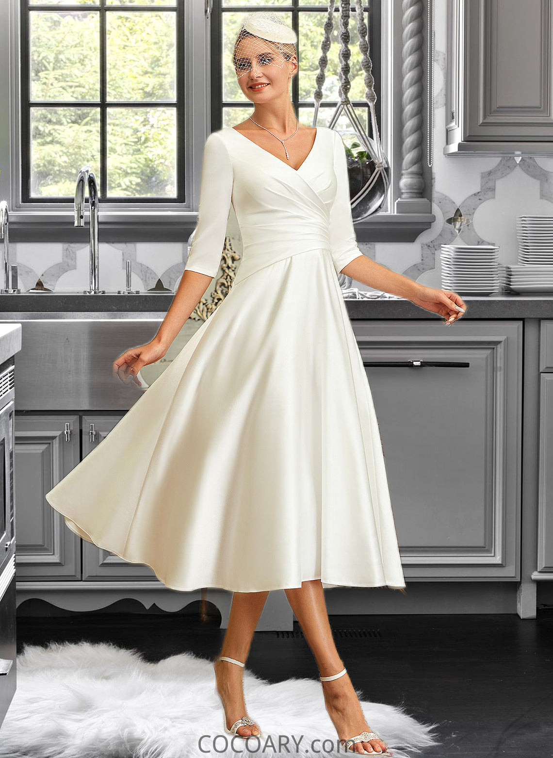 Ellen A-Line V-neck Tea-Length Satin Wedding Dress DA8P0013817