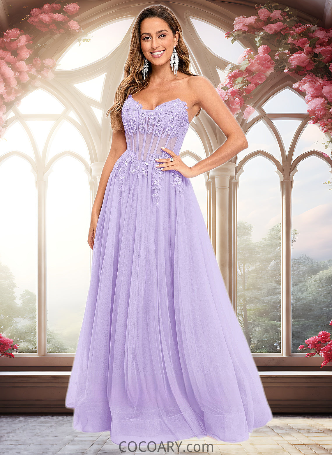 Charlize Ball-Gown/Princess V-Neck Floor-Length Tulle Prom Dresses With Sequins Appliques Lace DA8P0025837