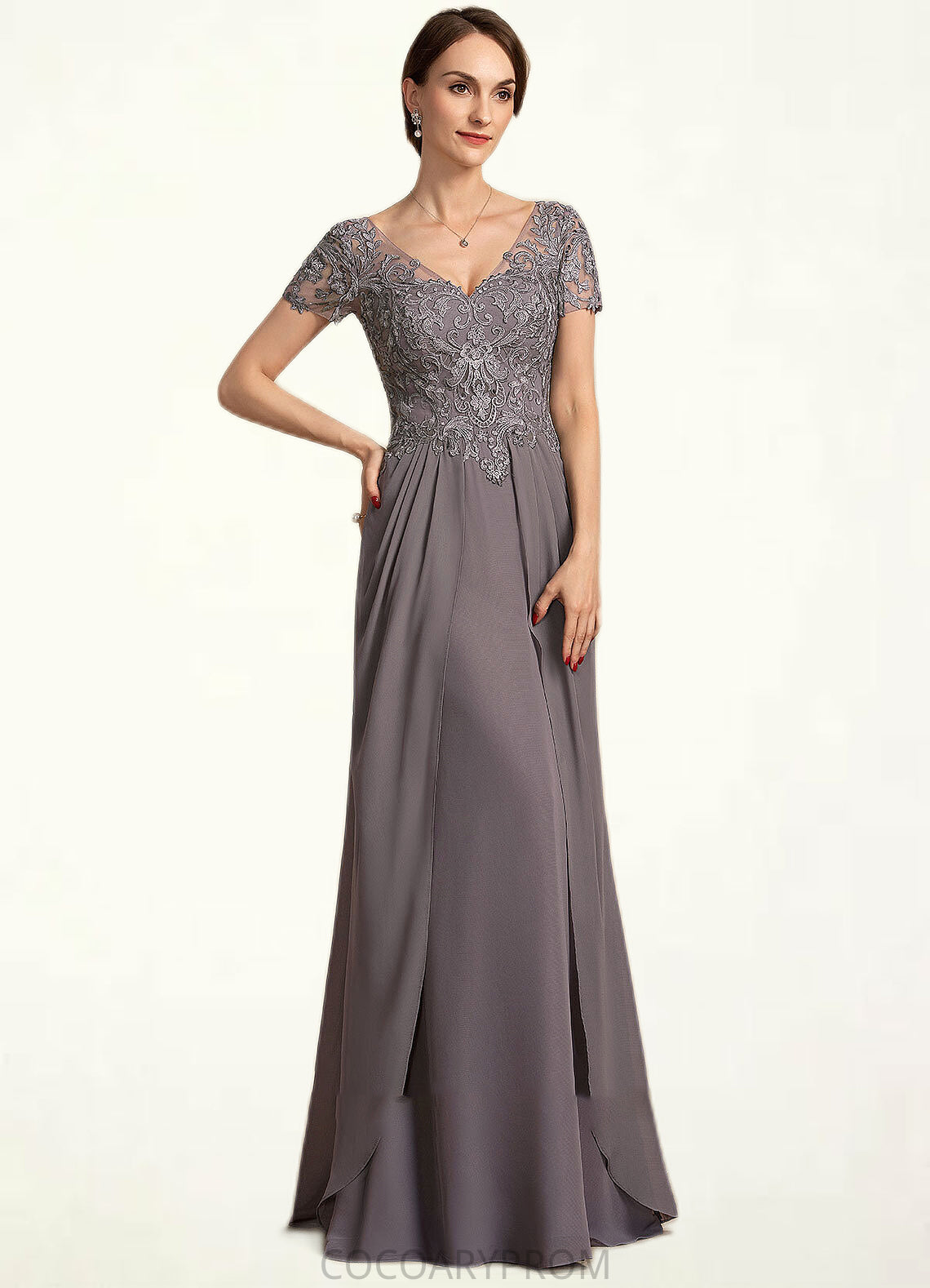 Paulina A-line V-Neck Floor-Length Chiffon Lace Mother of the Bride Dress DA8126P0014532