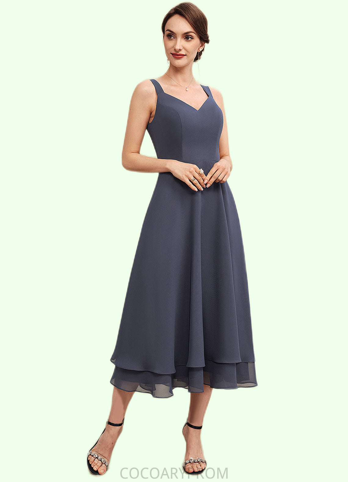 Emilia A-line V-Neck Tea-Length Chiffon Mother of the Bride Dress DA8126P0014540