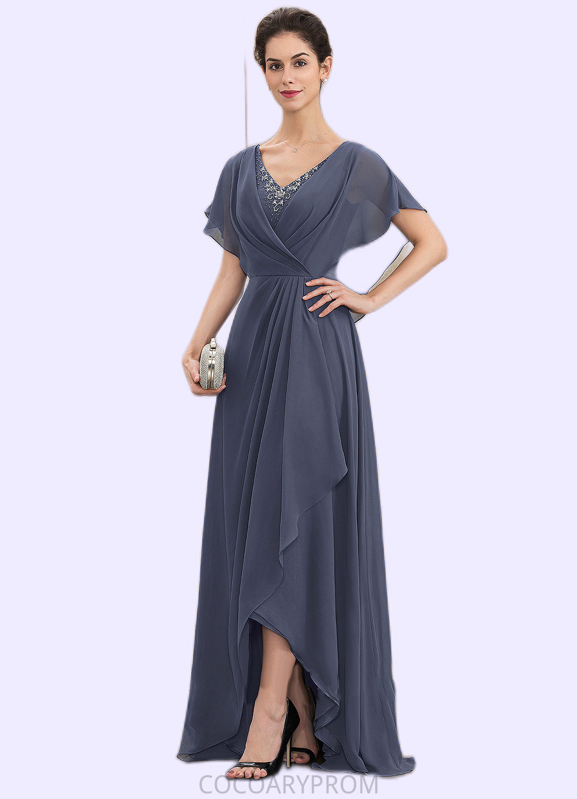 Vicky A-Line V-neck Asymmetrical Chiffon Mother of the Bride Dress With Beading Sequins DA8126P0014541