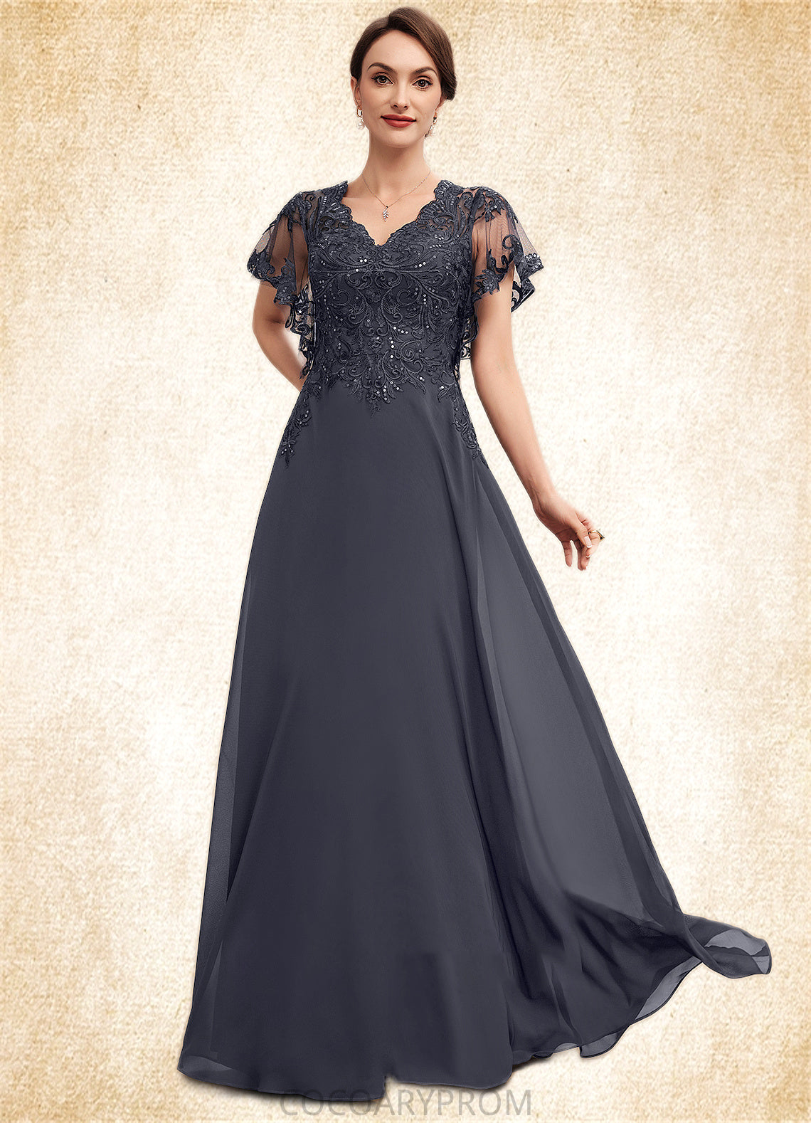 Sam A-line V-Neck Floor-Length Chiffon Lace Mother of the Bride Dress With Sequins DA8126P0014542