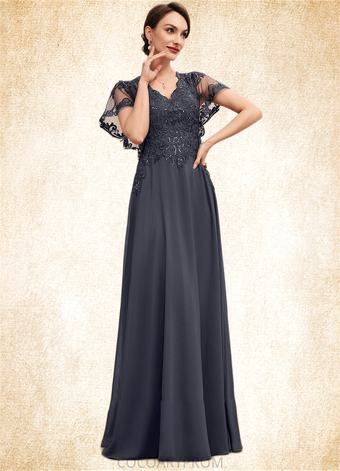 Sam A-line V-Neck Floor-Length Chiffon Lace Mother of the Bride Dress With Sequins DA8126P0014542