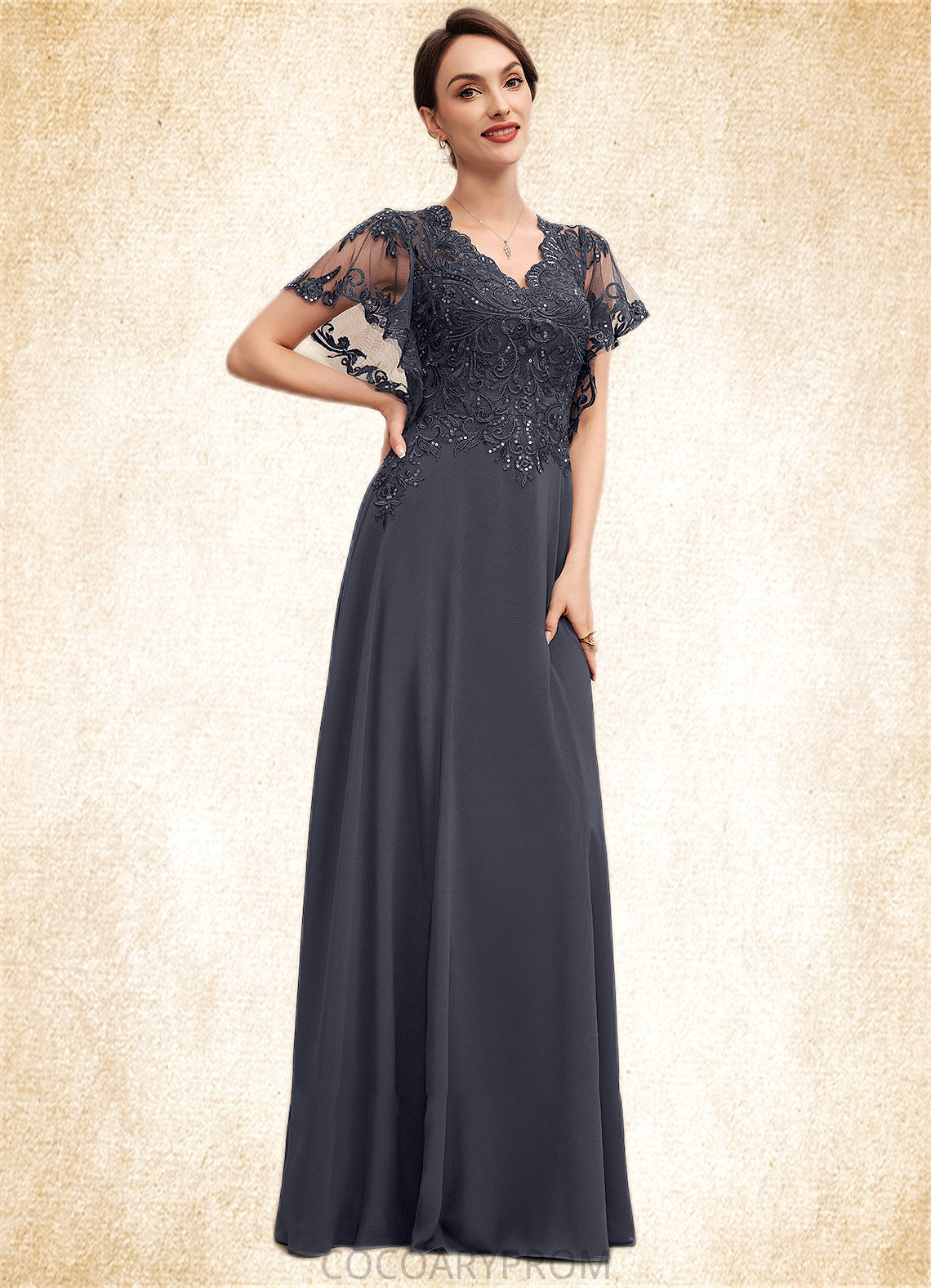 Sam A-line V-Neck Floor-Length Chiffon Lace Mother of the Bride Dress With Sequins DA8126P0014542