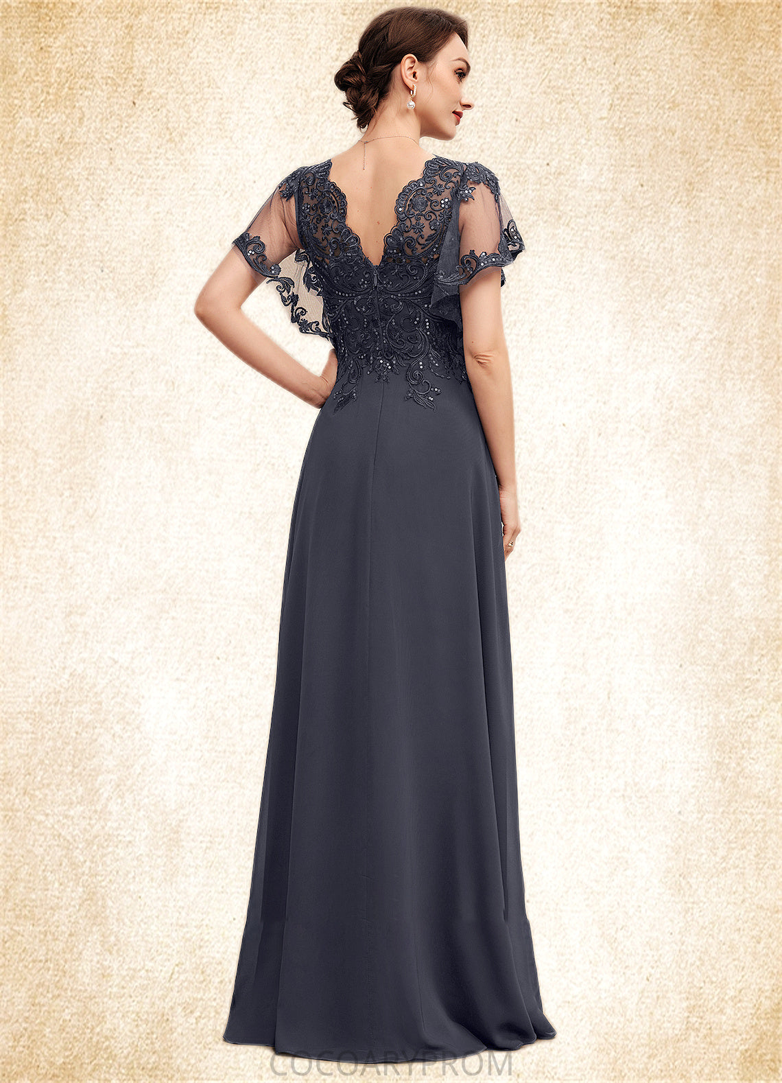 Sam A-line V-Neck Floor-Length Chiffon Lace Mother of the Bride Dress With Sequins DA8126P0014542