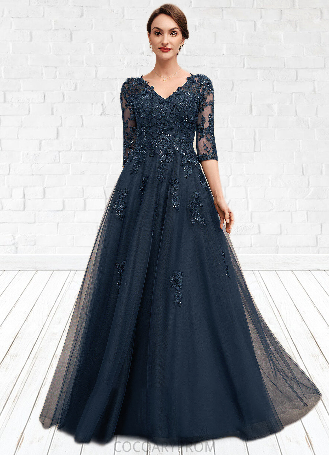 Bella A-Line V-neck Floor-Length Tulle Lace Mother of the Bride Dress With Sequins DA8126P0014543