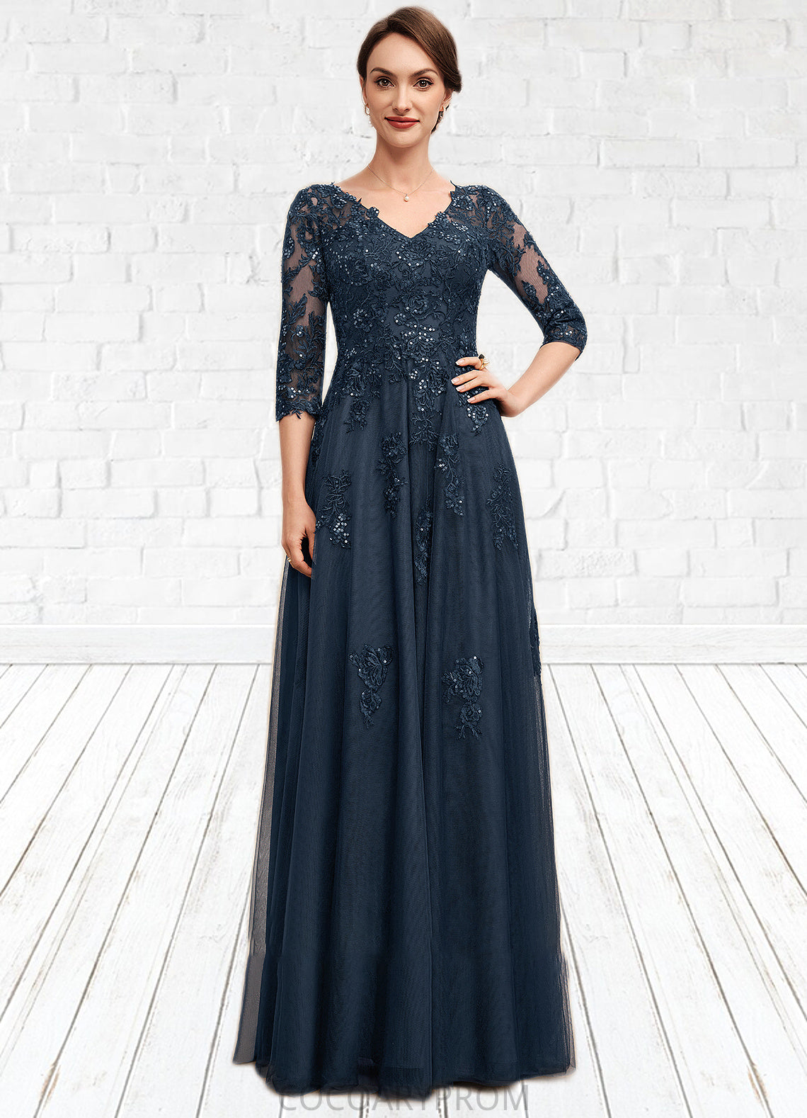 Bella A-Line V-neck Floor-Length Tulle Lace Mother of the Bride Dress With Sequins DA8126P0014543