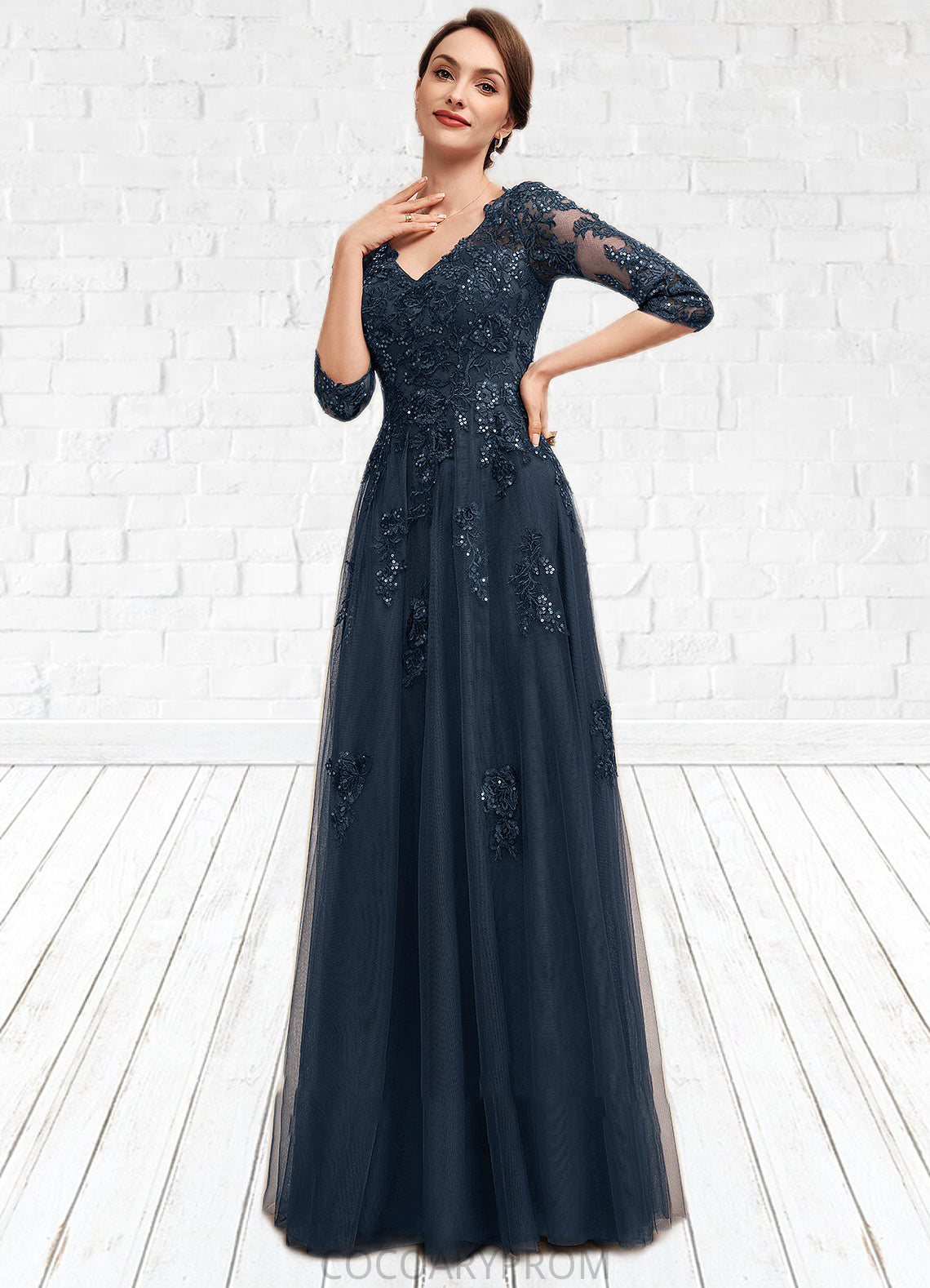 Bella A-Line V-neck Floor-Length Tulle Lace Mother of the Bride Dress With Sequins DA8126P0014543