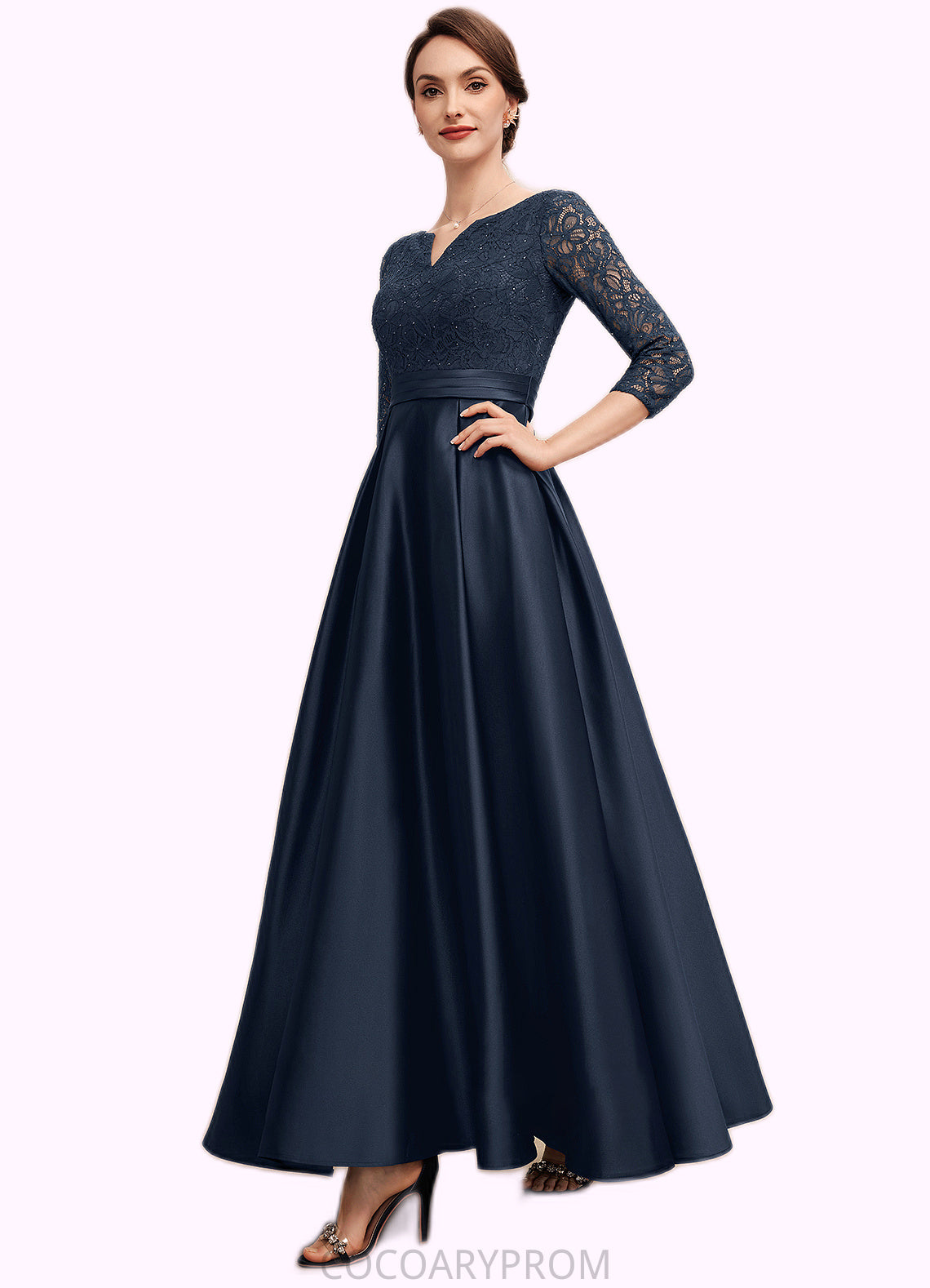 Aleena A-Line V-neck Ankle-Length Satin Lace Mother of the Bride Dress With Beading DA8126P0014545