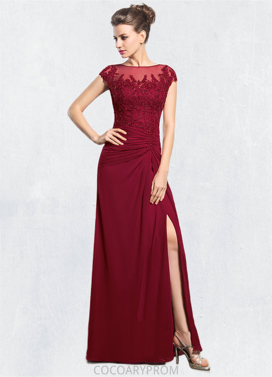 Natalya Sheath/Column Scoop Neck Floor-Length Chiffon Mother of the Bride Dress With Ruffle Beading Appliques Lace Sequins Split Front DA8126P0014549