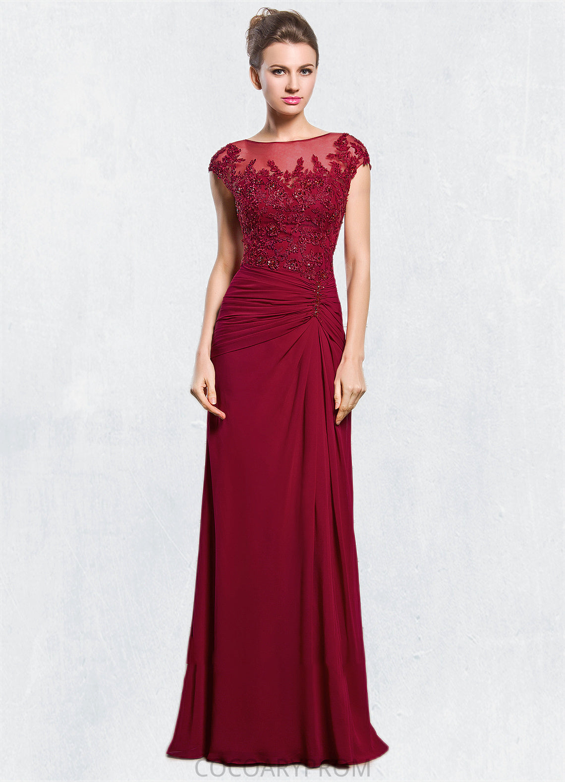 Natalya Sheath/Column Scoop Neck Floor-Length Chiffon Mother of the Bride Dress With Ruffle Beading Appliques Lace Sequins Split Front DA8126P0014549