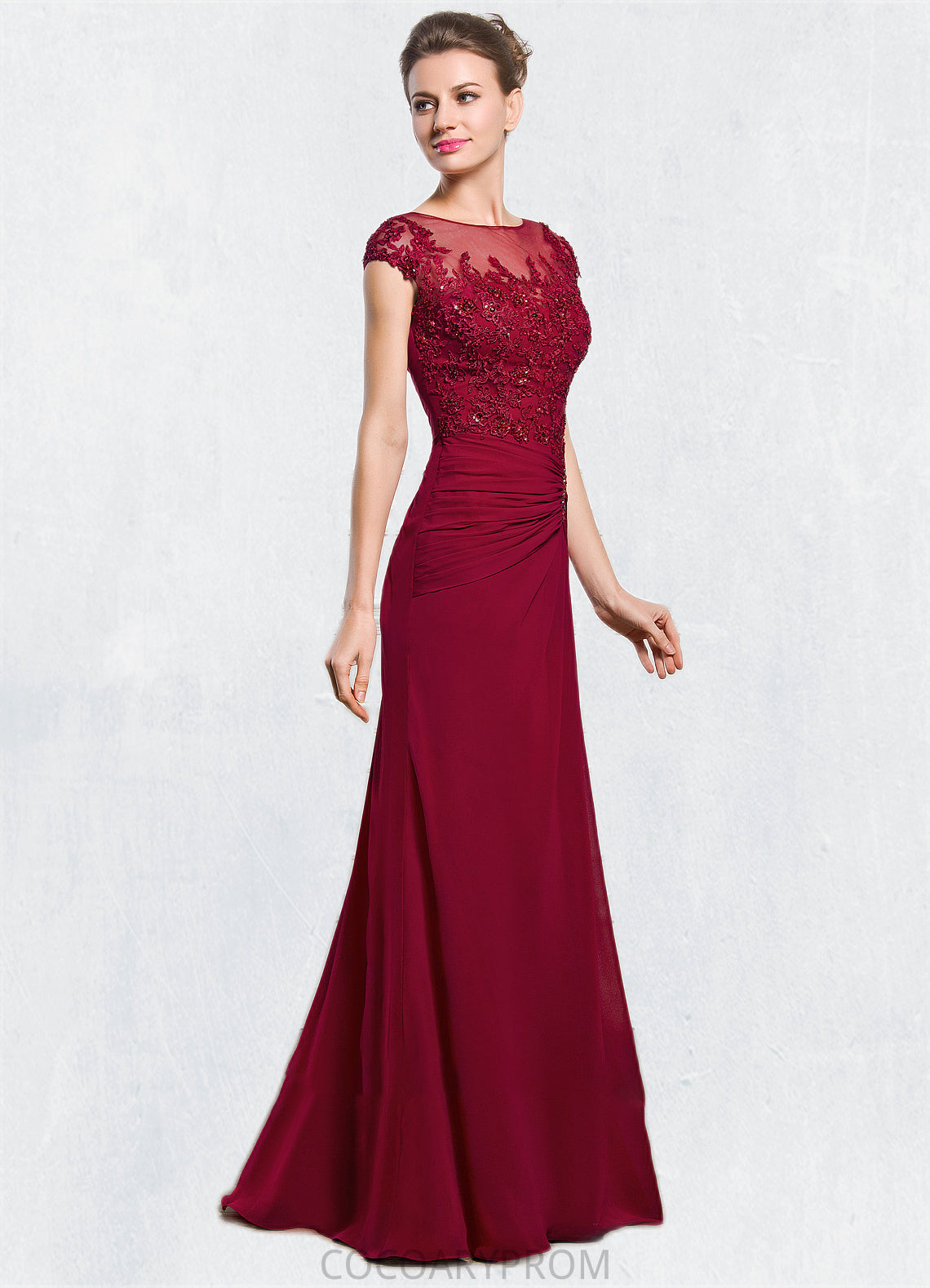 Natalya Sheath/Column Scoop Neck Floor-Length Chiffon Mother of the Bride Dress With Ruffle Beading Appliques Lace Sequins Split Front DA8126P0014549