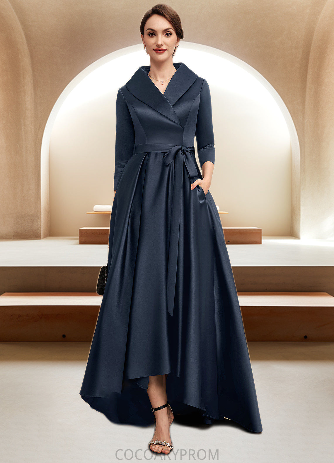 Maria A-Line V-neck Asymmetrical Satin Mother of the Bride Dress With Bow(s) Pockets DA8126P0014553