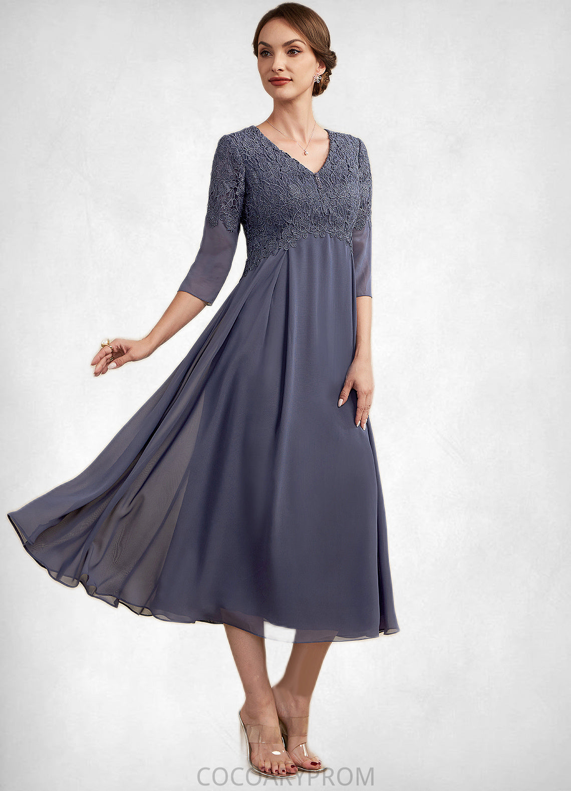 Penny A-line V-Neck Tea-Length Chiffon Lace Mother of the Bride Dress With Beading DA8126P0014554