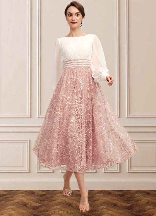 Kiera A-Line Scoop Neck Tea-Length Chiffon Lace Mother of the Bride Dress With Beading DA8126P0014557