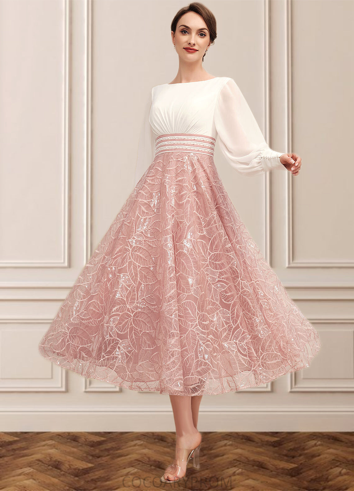 Kiera A-Line Scoop Neck Tea-Length Chiffon Lace Mother of the Bride Dress With Beading DA8126P0014557