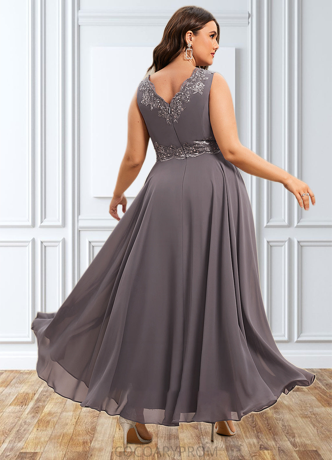 Kaylyn A-line V-Neck Ankle-Length Chiffon Mother of the Bride Dress With Beading Appliques Lace Sequins DA8126P0014558