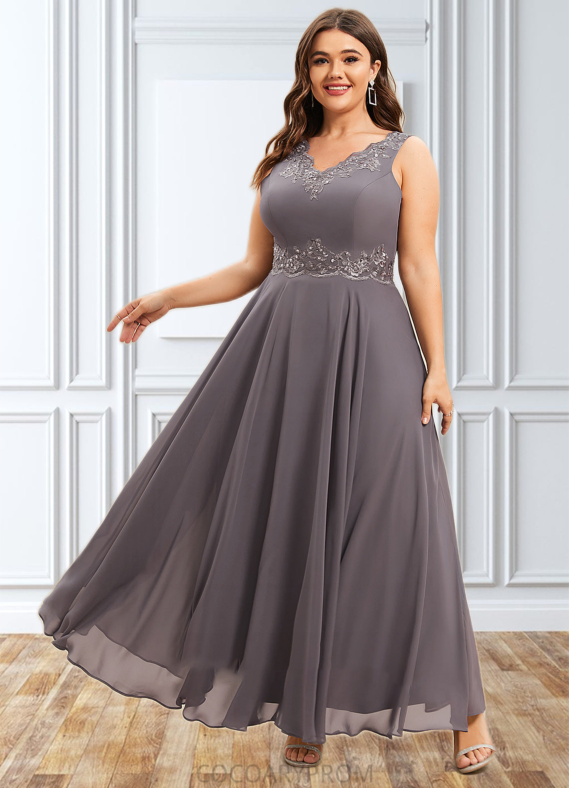 Kaylyn A-line V-Neck Ankle-Length Chiffon Mother of the Bride Dress With Beading Appliques Lace Sequins DA8126P0014558