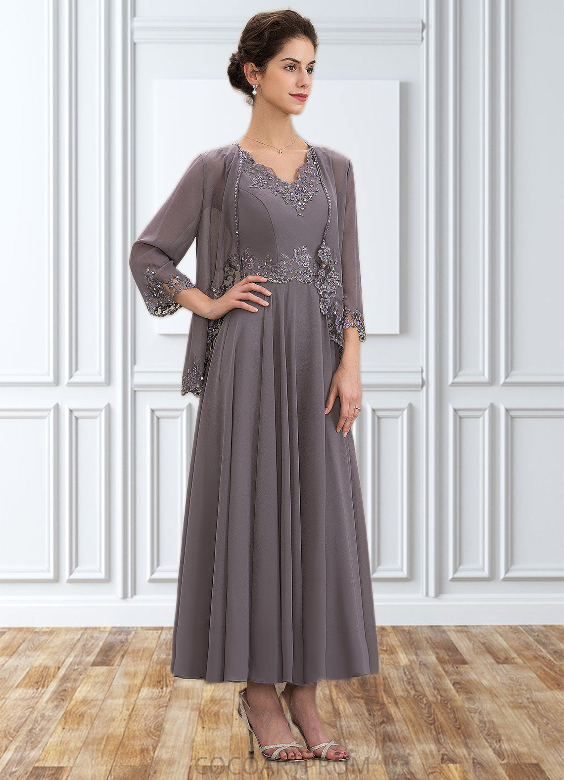 Kaylyn A-line V-Neck Ankle-Length Chiffon Mother of the Bride Dress With Beading Appliques Lace Sequins DA8126P0014558