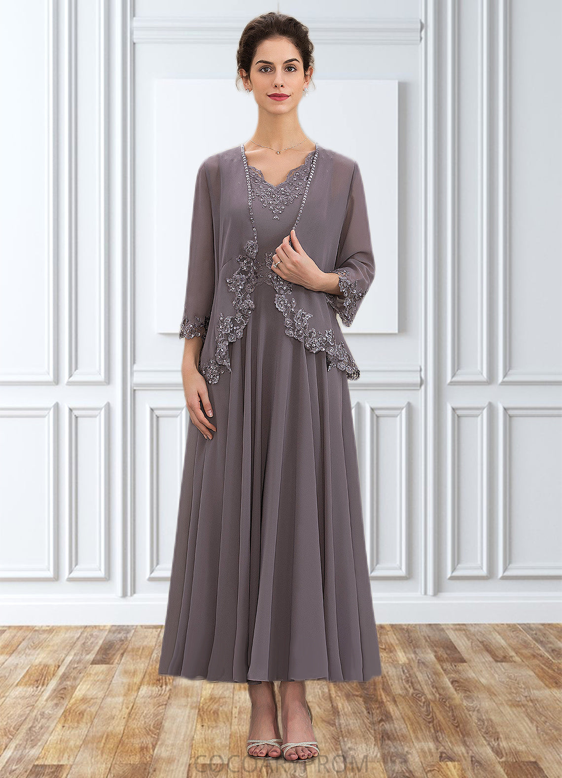 Kaylyn A-line V-Neck Ankle-Length Chiffon Mother of the Bride Dress With Beading Appliques Lace Sequins DA8126P0014558