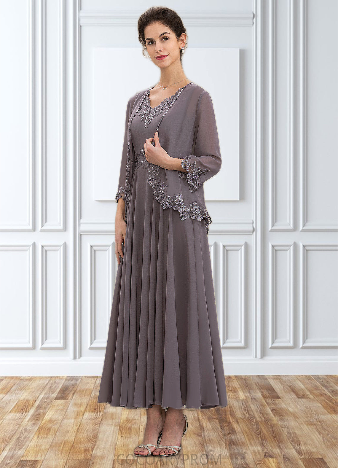 Kaylyn A-line V-Neck Ankle-Length Chiffon Mother of the Bride Dress With Beading Appliques Lace Sequins DA8126P0014558