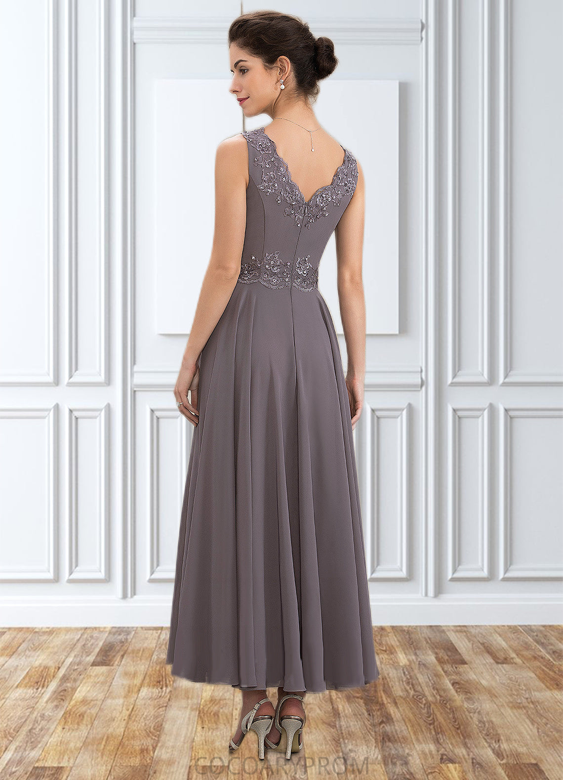 Kaylyn A-line V-Neck Ankle-Length Chiffon Mother of the Bride Dress With Beading Appliques Lace Sequins DA8126P0014558