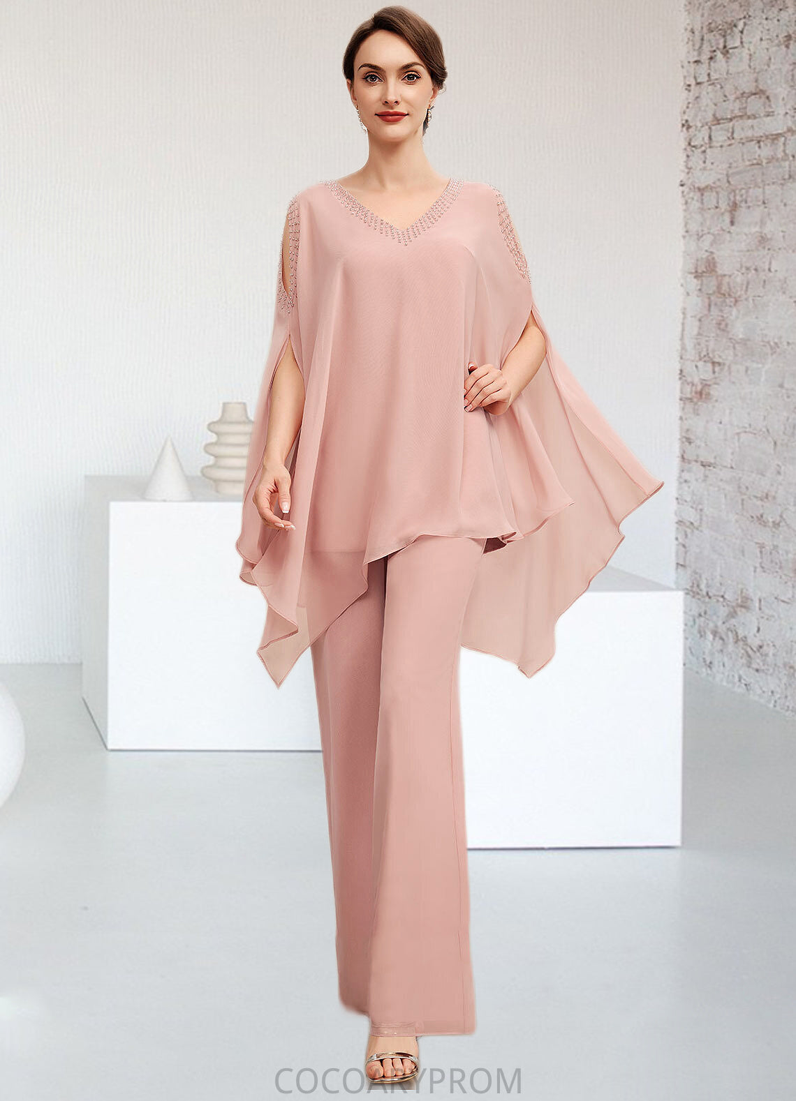 Liliana Jumpsuit/Pantsuit V-neck Floor-Length Chiffon Mother of the Bride Dress With Beading DA8126P0014560