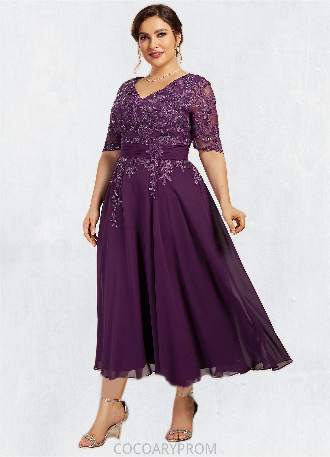 Natalya A-line V-Neck Tea-Length Chiffon Lace Mother of the Bride Dress With Sequins DA8126P0014561