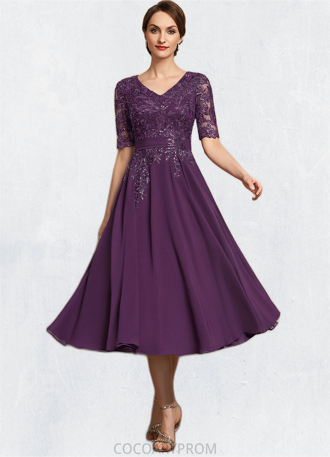 Natalya A-line V-Neck Tea-Length Chiffon Lace Mother of the Bride Dress With Sequins DA8126P0014561