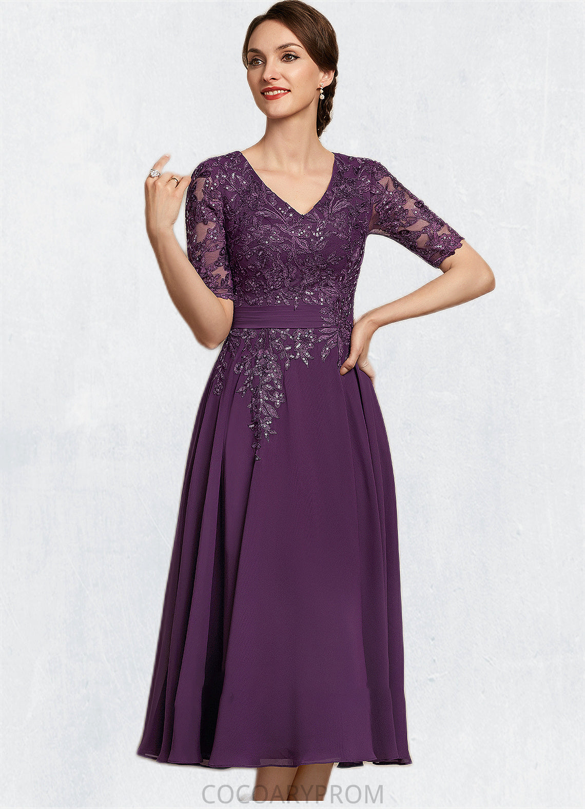 Natalya A-line V-Neck Tea-Length Chiffon Lace Mother of the Bride Dress With Sequins DA8126P0014561