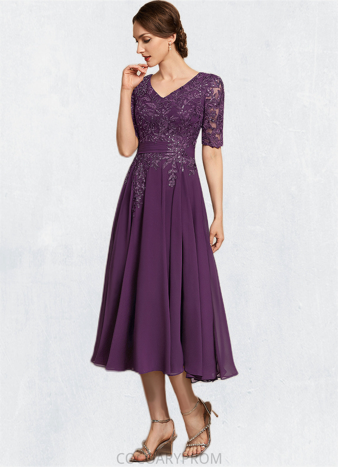 Natalya A-line V-Neck Tea-Length Chiffon Lace Mother of the Bride Dress With Sequins DA8126P0014561