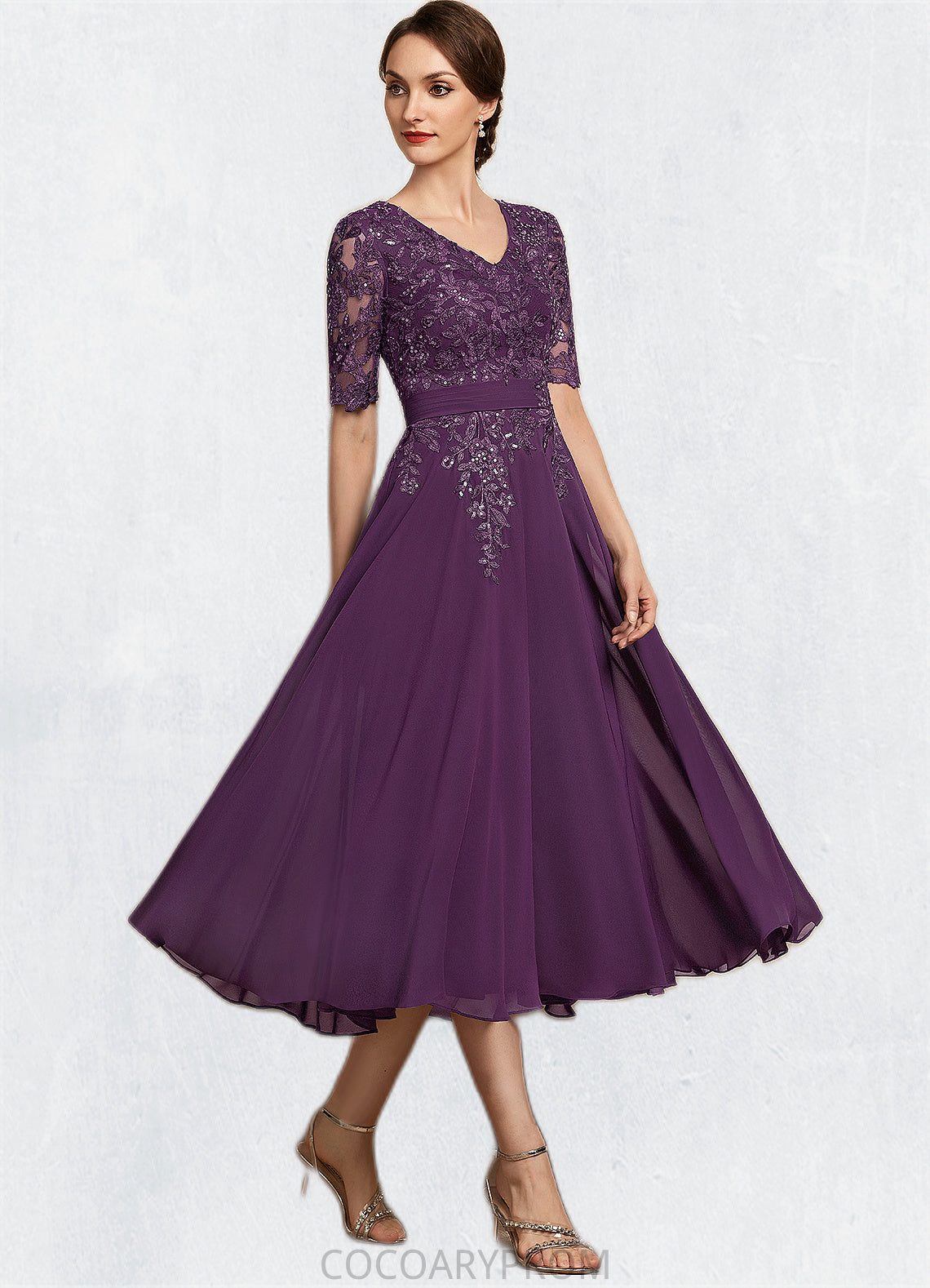 Natalya A-line V-Neck Tea-Length Chiffon Lace Mother of the Bride Dress With Sequins DA8126P0014561