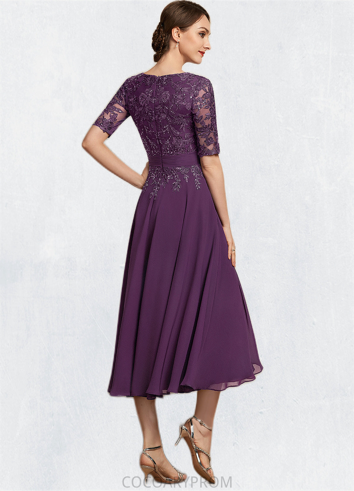 Natalya A-line V-Neck Tea-Length Chiffon Lace Mother of the Bride Dress With Sequins DA8126P0014561