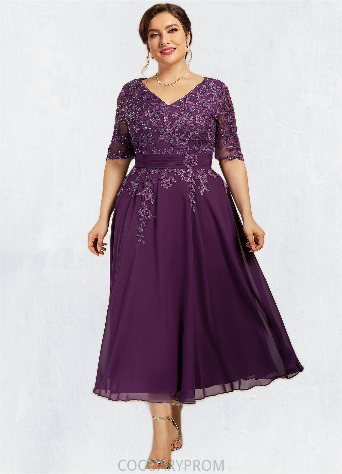 Natalya A-line V-Neck Tea-Length Chiffon Lace Mother of the Bride Dress With Sequins DA8126P0014561