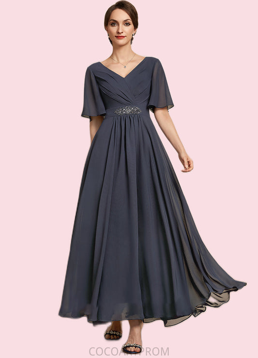 Autumn A-Line V-neck Ankle-Length Chiffon Mother of the Bride Dress With Ruffle Beading Sequins DA8126P0014564