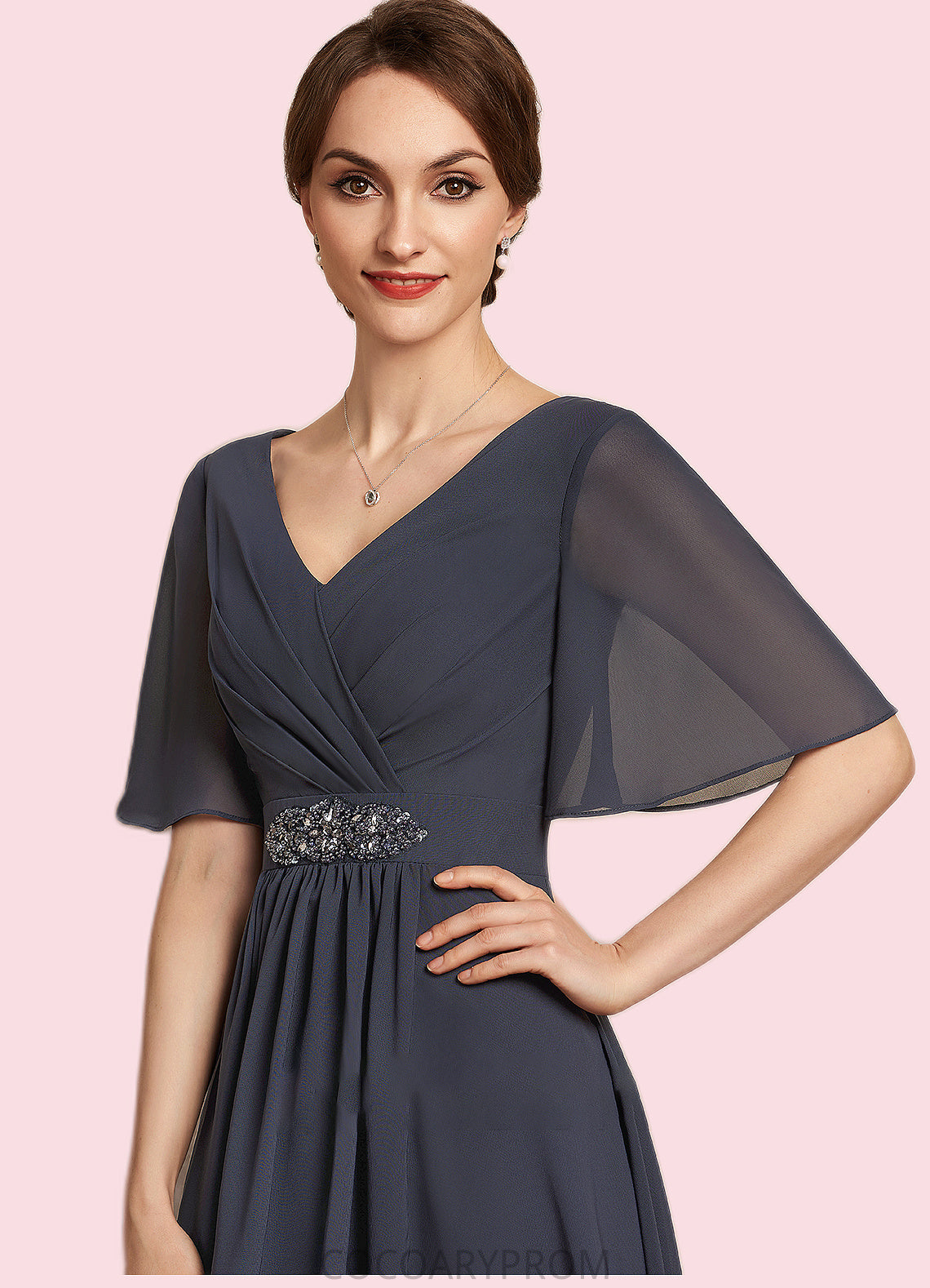 Autumn A-Line V-neck Ankle-Length Chiffon Mother of the Bride Dress With Ruffle Beading Sequins DA8126P0014564